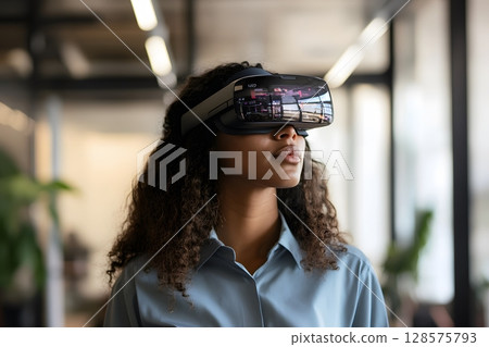 Employee using AR headset to access cloud files in office 128575793