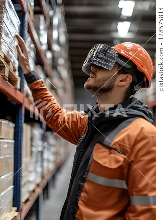 Real-time stock monitoring with AR heads-up display in warehouse 128575813
