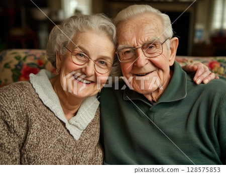 Elderly Couple Shares a Warm Smile While Sitting on a Floral Couch in a Cozy Living Room During Afternoon Light Elderly Couple Shares a Warm Smile While Sitting on a Floral Couch in a Cozy Living Room During Afternoon Light 128575853