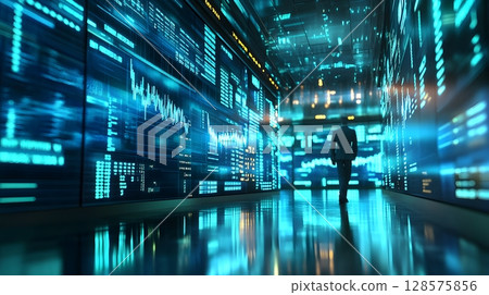 futuristic stock exchange scene in 3D with glowing screens 128575856