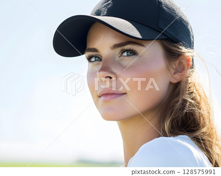 woman with golf cap looking ahead confident portrait 128575991