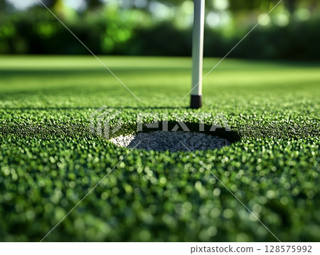 putting green with hole and flag closeup macro render 128575992
