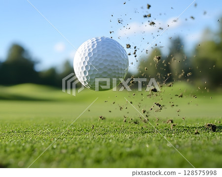 golf ball in mid air after powerful drive photo capture 128575998