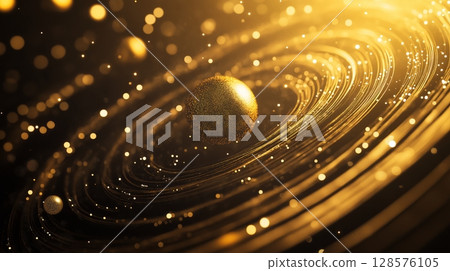 Swirling Golden Particles and Sphere Create a Cosmic Effect Featuring Beauty and Motion in a Dark Environment 128576105