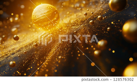 Cosmic Scene Showcasing a Golden Celestial Body Surrounded by Luminous Particles in a Dark Galaxy Setting 128576302