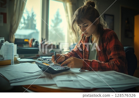 Young Woman Studying With Calculator Amidst Paperwork in a Cozy Indoor Setting During Late Afternoon 128576326