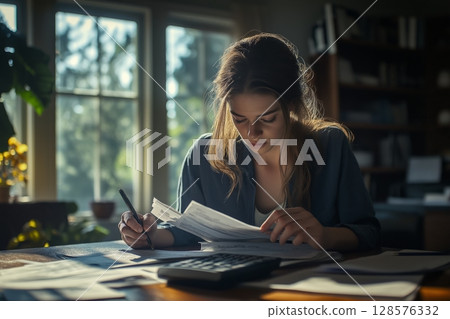 Young Woman Reviewing Documents While Calculating Expenses in a Cozy Home Office During Afternoon Light 128576332