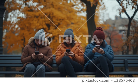 Friends Sitting on a Bench in a Park, Enjoying Smartphone Time Surrounded by Autumn Leaves 128576408