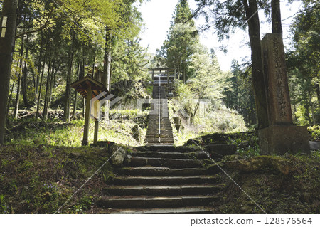 靜靜地坐落在石見銀山龍源寺附近山坡上的佐姬山神社,以及通往神社的長長的石階 靜靜地坐落在石見銀山龍源寺附近山坡上的佐姬山神社,以及通往神社的長長的石階 128576564