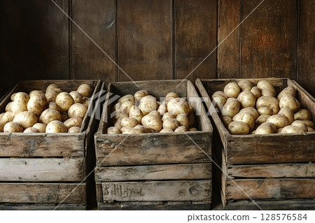 Fresh potatoes resting in wooden crates in rustic cellar 128576584