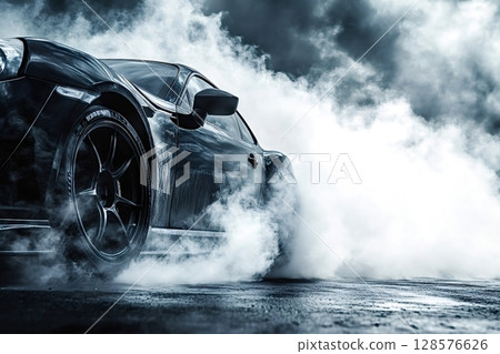 Black sports car burning rubber and generating smoke on asphalt 128576626