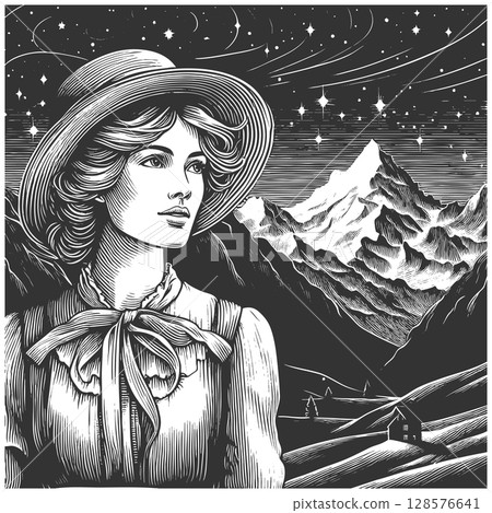 Woman in Hat with Mountain Night Sky raster 128576641