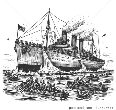Vintage Ocean Liner Lifeboats raster illustration 128576653