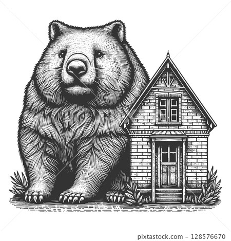 Giant Wombat Behind Brick House vector 128576670