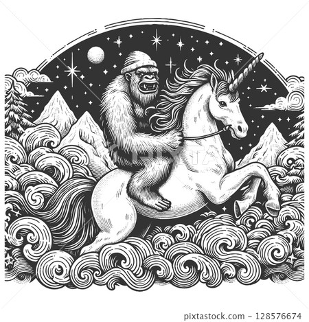 Yeti Riding a Unicorn in Surreal sketch vector 128576674