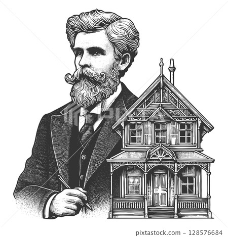 Architect with Classic House Drawing vector 128576684