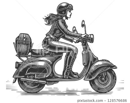 Woman Riding Classic Scooter engraving raster 128576686