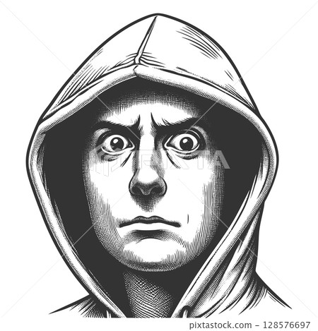 Intense Hooded Man Portrait raster illustration 128576697
