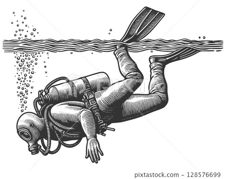 Scuba Diver Underwater sketch raster illustration 128576699