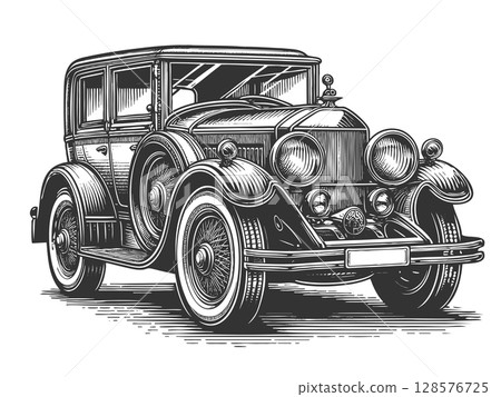 steampunk race car engraving vector illustration 128576725