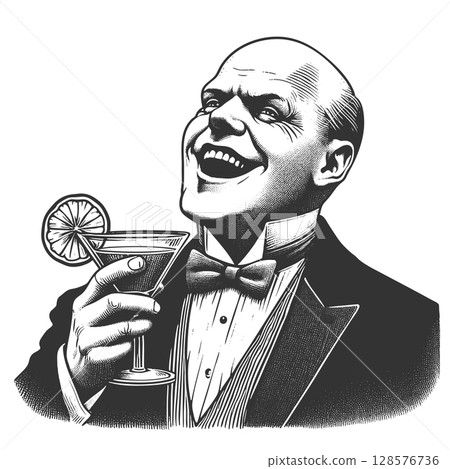 Smiling Bald Man in Tuxedo Holding Cocktail vector Smiling Bald Man in Tuxedo Holding Cocktail vector 128576736