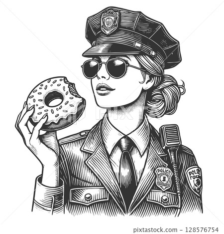 Policewoman Holding Donut vector illustration 128576754