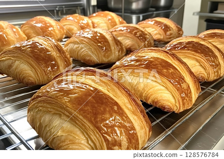 Freshly baked croissants cooling on a wire rack in a bakery 128576784