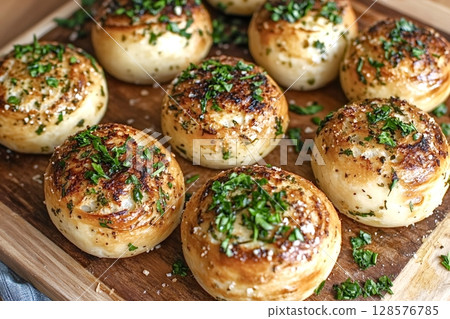 Delicious homemade garlic knots sprinkled with fresh parsley on wooden board 128576785
