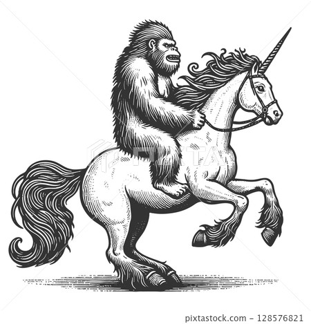 Yeti Riding a Unicorn in Surreal sketch vector 128576821