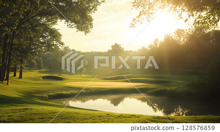 peaceful golf scene with deer crossing course peaceful golf scene with deer crossing course 128576859