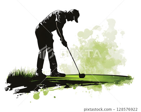 golfer in action putting with ball trail illustration 128576922