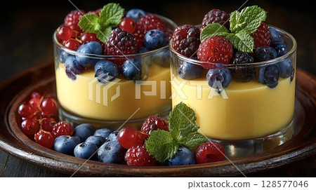 Delicious dessert cups with berries and cream filling 128577046