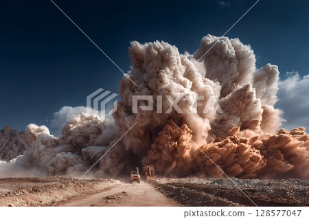 Mining truck escaping huge explosion in open pit mine 128577047