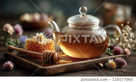 Herbal tea brewing in glass teapot with honeycomb and honey dipper on wooden tray 128577060