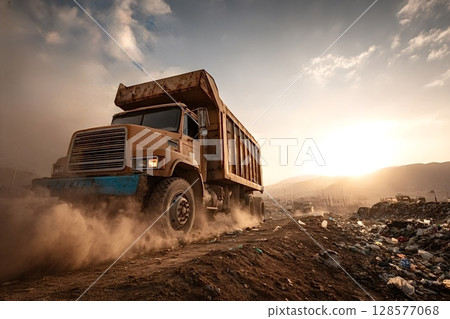 Dump truck leaving landfill site at sunset raising dust 128577068