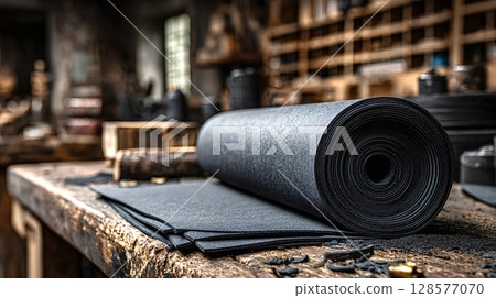 Roll of roofing felt and several layers lying on workbench in workshop Roll of roofing felt and several layers lying on workbench in workshop 128577070
