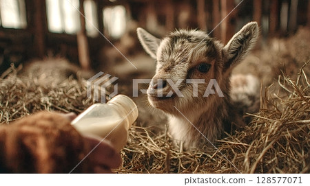 Farmer feeding baby goat milk from bottle in barn 128577071