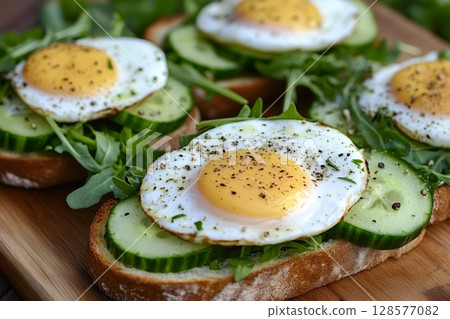 Delicious quail eggs with cucumbers and arugula on toasted bread 128577082