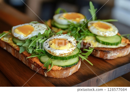 Breakfast toast with soft boiled egg, cucumber and arugula on wooden board 128577084