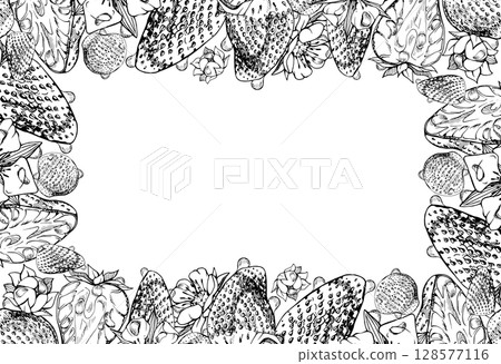 Strawberry ripe garden berries full and cut in half, flowers in water dew drops hand drawn in vector ink. Isolated border frame. Home preserves, food packaging, recipe book menu, gardening calendar Strawberry ripe garden berries full and cut in half, flowers in water dew drops hand drawn in vector ink. Isolated border frame. Home preserves, food packaging, recipe book menu, gardening calendar 128577116