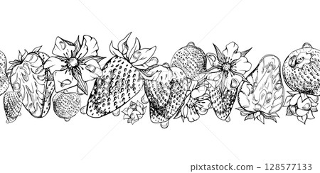 Strawberry ripe garden berries, flowers in water dew drops hand drawn in vector ink. Seamless isolated banner garland. Home preserves, textile washi tape, food store decor, recipe book, dessert menu 128577133