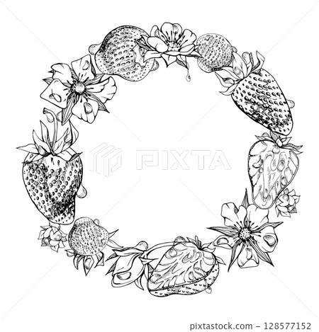 Strawberry berries full and cut in half, flowers leaves wreath, water splash, dew drops. Ripe garden pineberry strasberry. Isolated hand drawn vector ink circle frame. Food grocery menu, preserves Strawberry berries full and cut in half, flowers leaves wreath, water splash, dew drops. Ripe garden pineberry strasberry. Isolated hand drawn vector ink circle frame. Food grocery menu, preserves 128577152