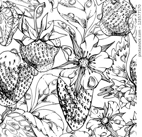 Strawberry berries leaves flowers in dew drops, ice cubes, water splash. Ripe summer garden forest strasberry hand drawn in vector ink. Isolated seamless pattern tile. Preserves packaging textile Strawberry berries leaves flowers in dew drops, ice cubes, water splash. Ripe summer garden forest strasberry hand drawn in vector ink. Isolated seamless pattern tile. Preserves packaging textile 128577170