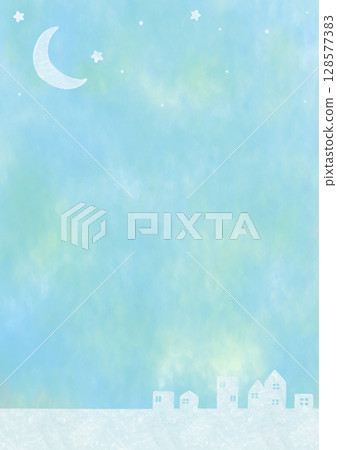 新月和城市景觀水彩畫框全長垂直 新月和城市景觀水彩畫框全長垂直 128577383