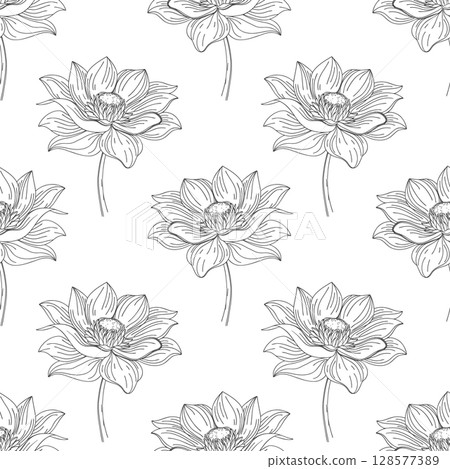 Seamless pattern with contour lotus flowers on white background. Floral background. Monochrome botanical print, wallpaper. 128577389