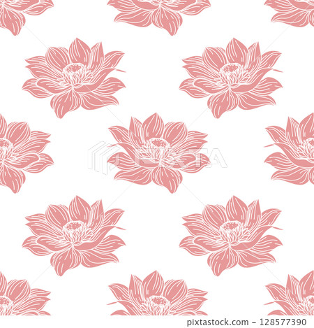 Seamless pattern with  pink lotus flowers on white background. Floral background. Monochrome botanical print, wallpaper. 128577390