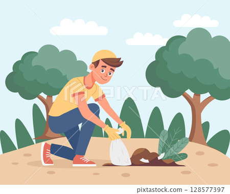 Volunteer man collects trash in the park. Man cleaning up garbage outdoor. Illustration. Volunteer man collects trash in the park. Man cleaning up garbage outdoor. Illustration. 128577397