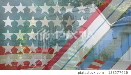 Image of flag of usa over caucasian african american boy 128577426
