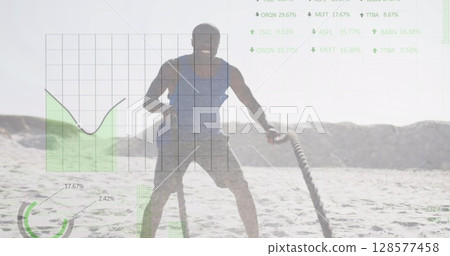 Image of data processing over african american man exercising at beach 128577458