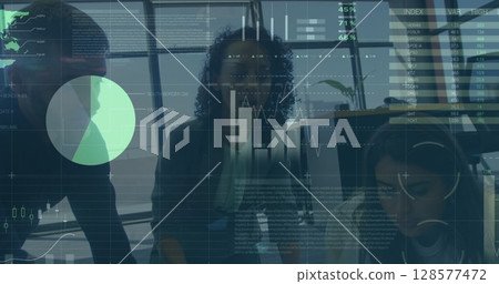 Image of financial data processing over diverse group of business people talking 128577472